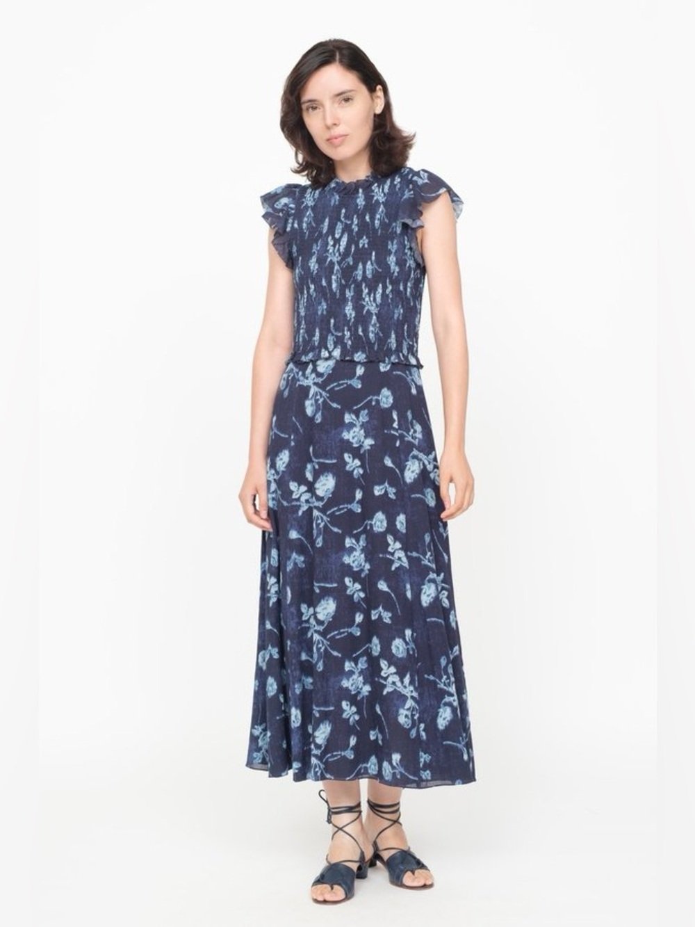 Sea New York Monet Midi Dress Size 8 Blue Floral Smocked Sleeveless Cotton